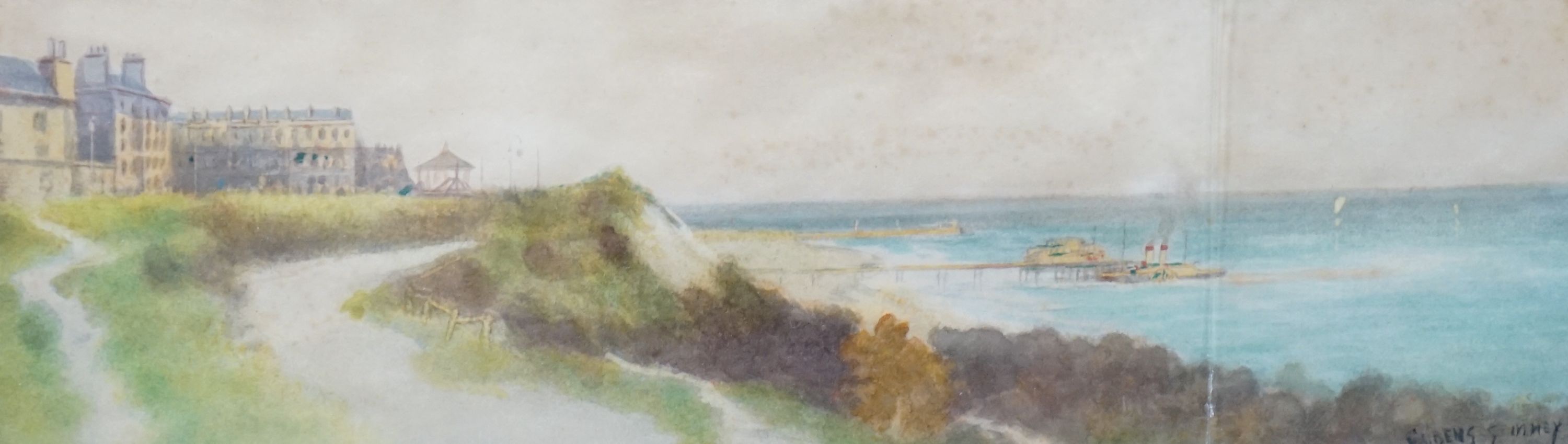 Rubens Southey (1881-1933), watercolour, Coastal town with paddle steamer beside a pier, signed, 15 x 51cm